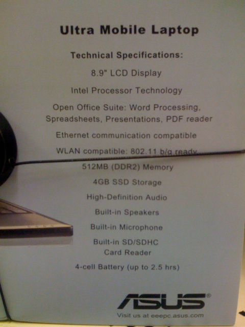 Eee specs: 512Mb of RAM, 4Gb of storage, and WiFi all for $300.